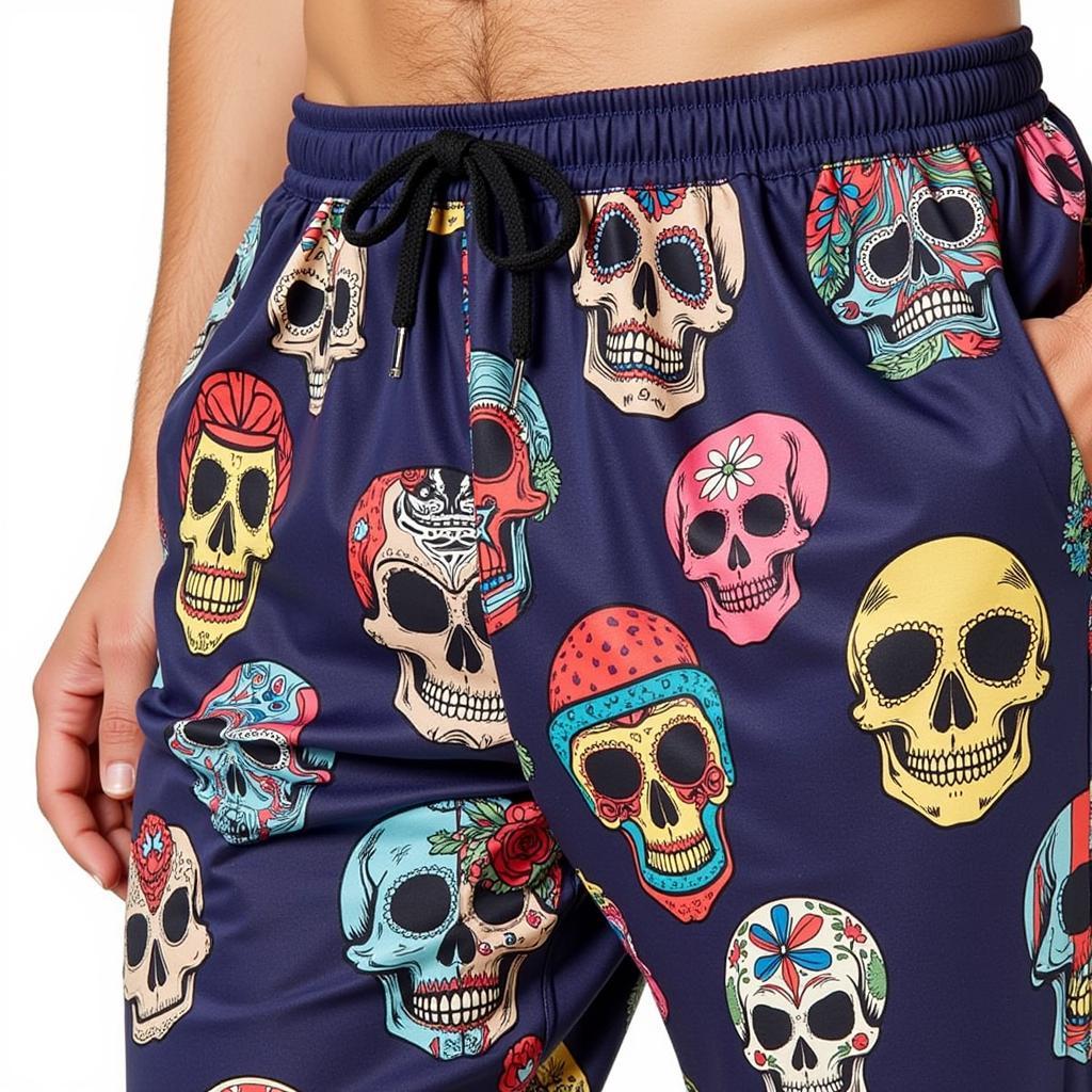 Close-up view of Grateful Dead pajama pants with steal your face skull design.