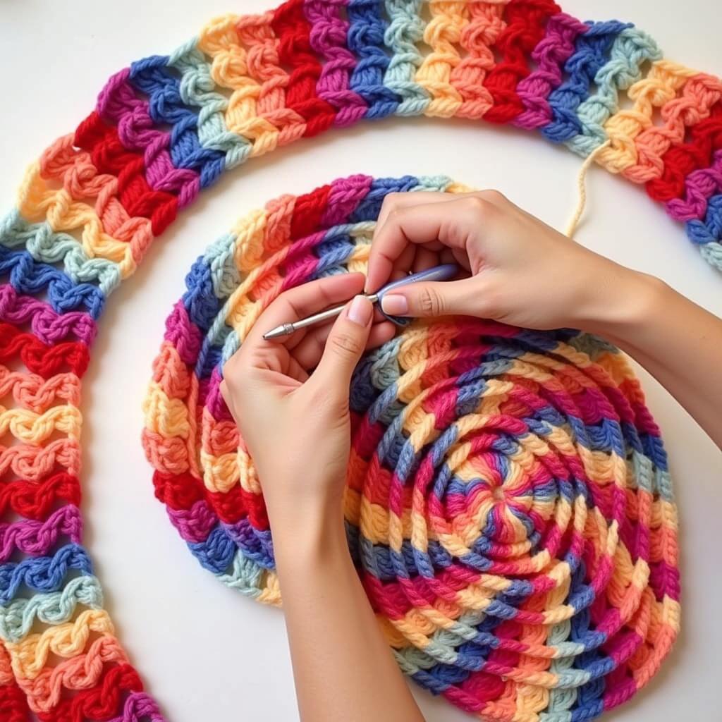 Hands crocheting a vibrant lollipop blanket, showcasing the process of creating the spiral design