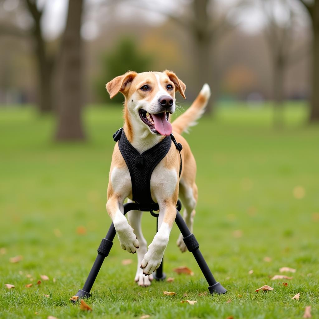 Tripod dog playing outside with a harness