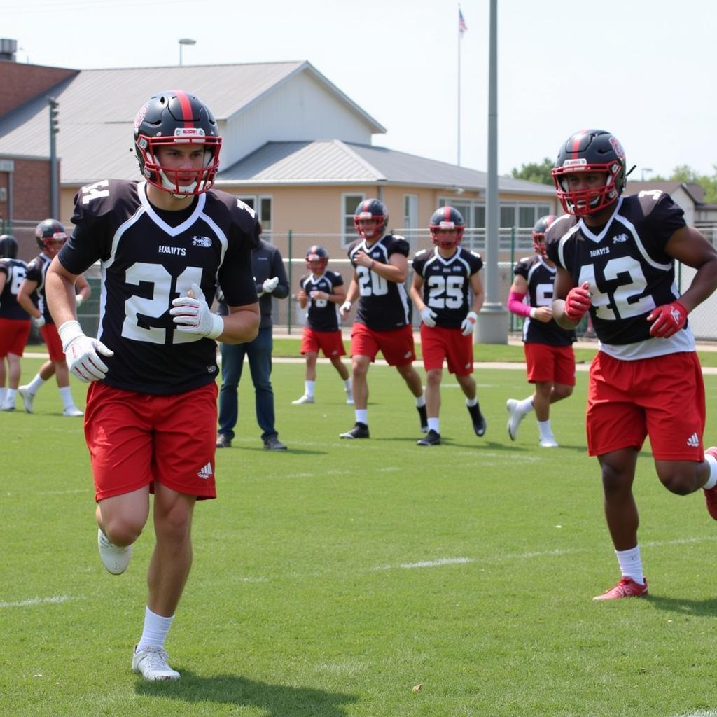 Hays High School Football team practicing, demonstrating their hard work and dedication.