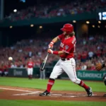 A batter connects with a fastball, sending it soaring into the outfield.