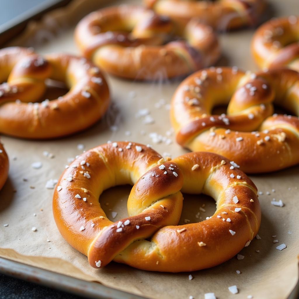 Freshly baked homemade baseball pretzels on a baking sheet.