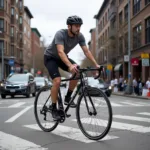 Cyclist navigating city streets with hot box handle bar