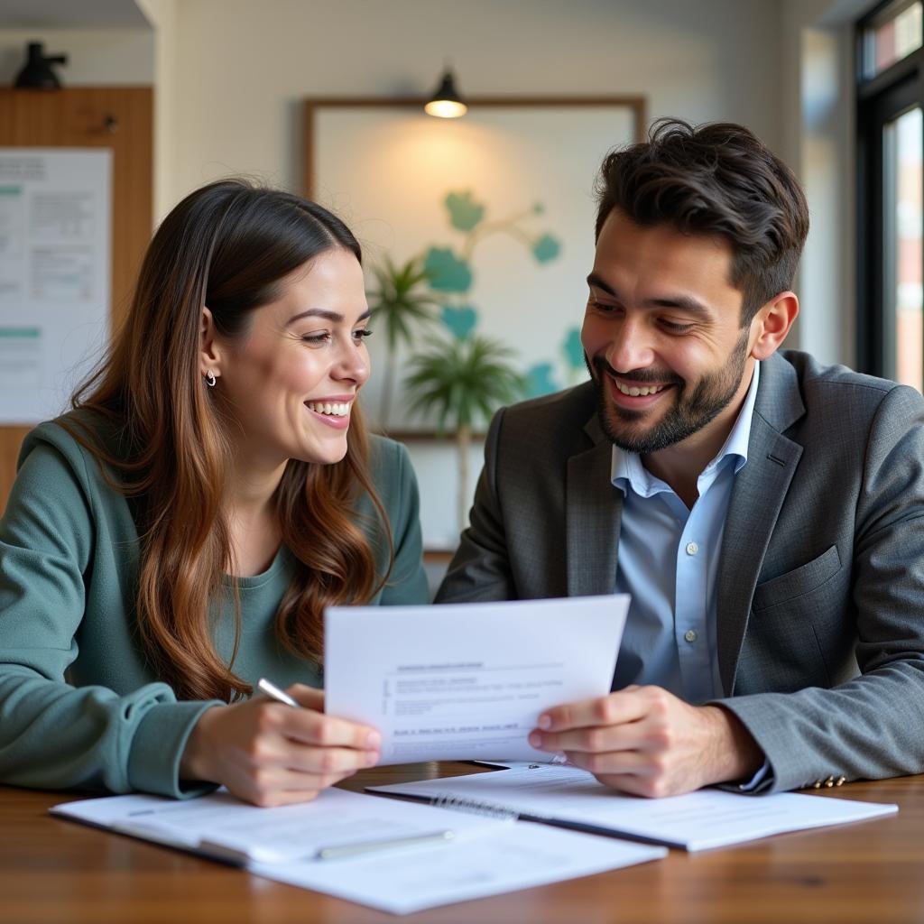 A tax professional at H&R Block consulting with a client.