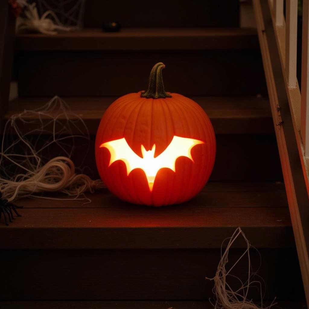 Illuminated Bat Pumpkin on a Porch