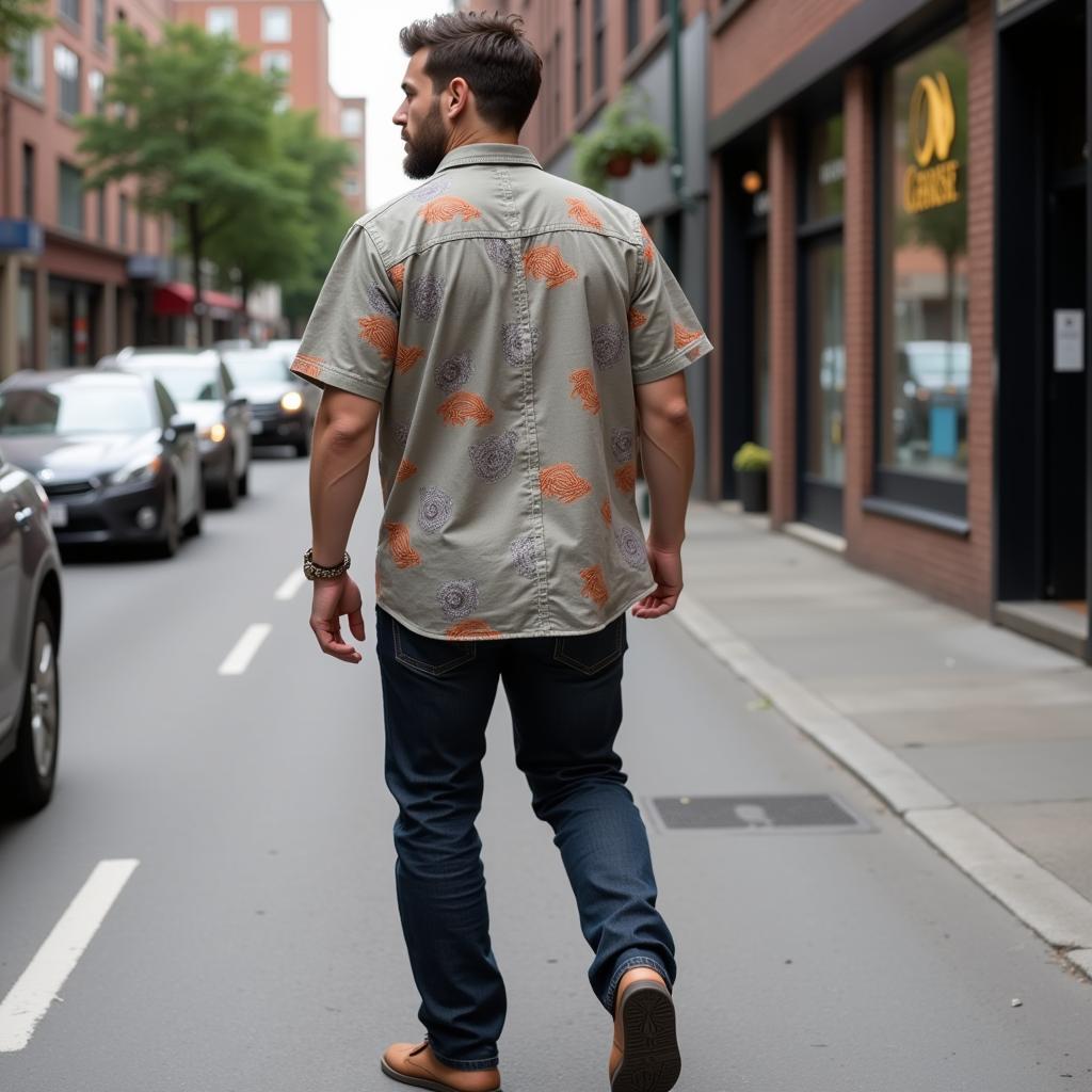 Man Wearing Inside Out Hawaiian Shirt in a City Setting