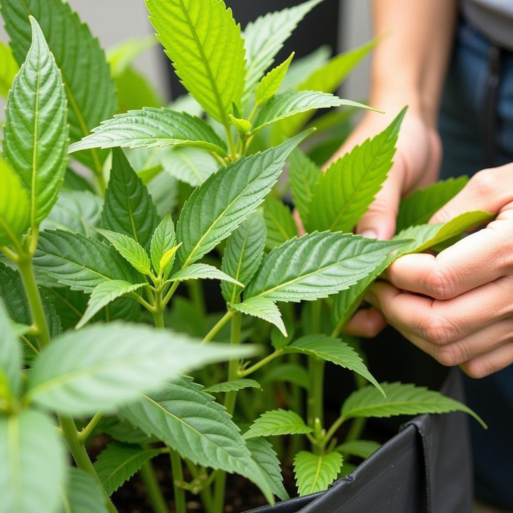 Inspecting a 25 gallon grow bag for pests