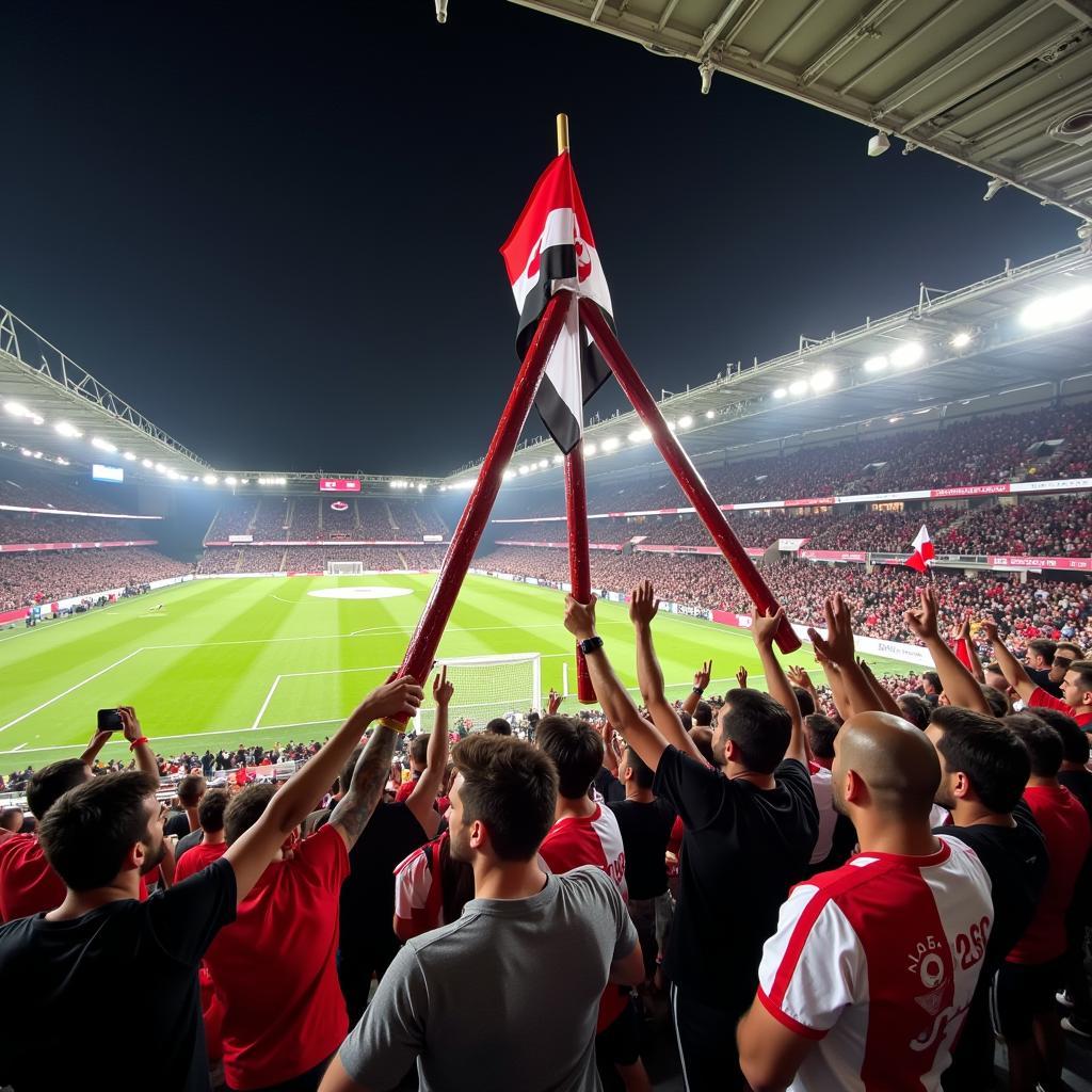 Besiktas fans holding up a jack tripod in the stadium