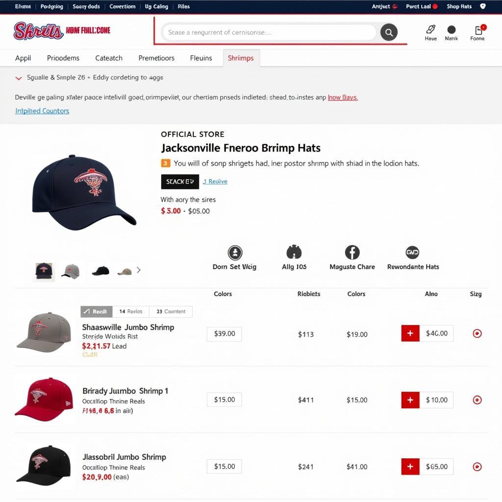 Screenshot of the official online store showcasing Jacksonville Jumbo Shrimp hats available for purchase.