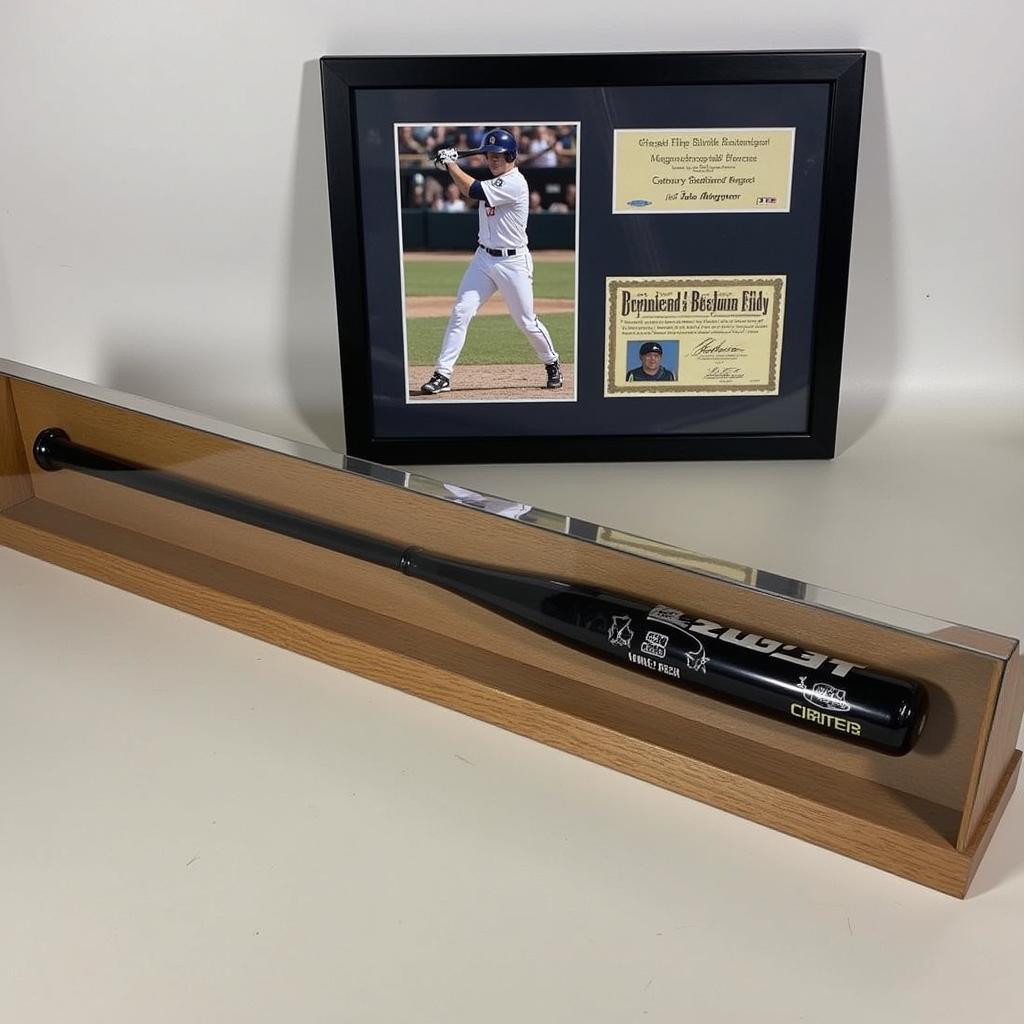 A Joe Mauer game used bat displayed in a protective case with accompanying documentation and a photo of Mauer using the bat.