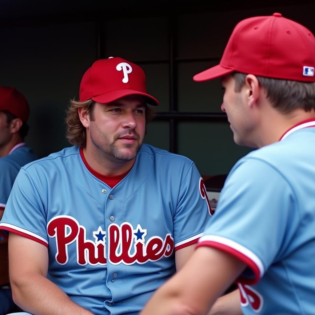 John Kruk in the Phillies dugout wearing the powder blue jersey