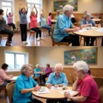 Seniors participating in various activities at the Joseph & Sarah Levy Senior Center, including exercise classes, arts and crafts, and social gatherings.