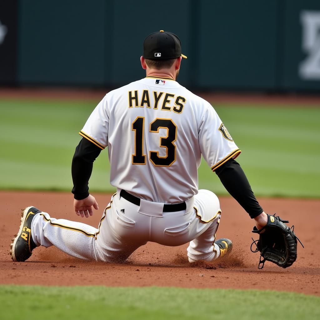 Ke Bryan Hayes in action wearing his Pirates jersey