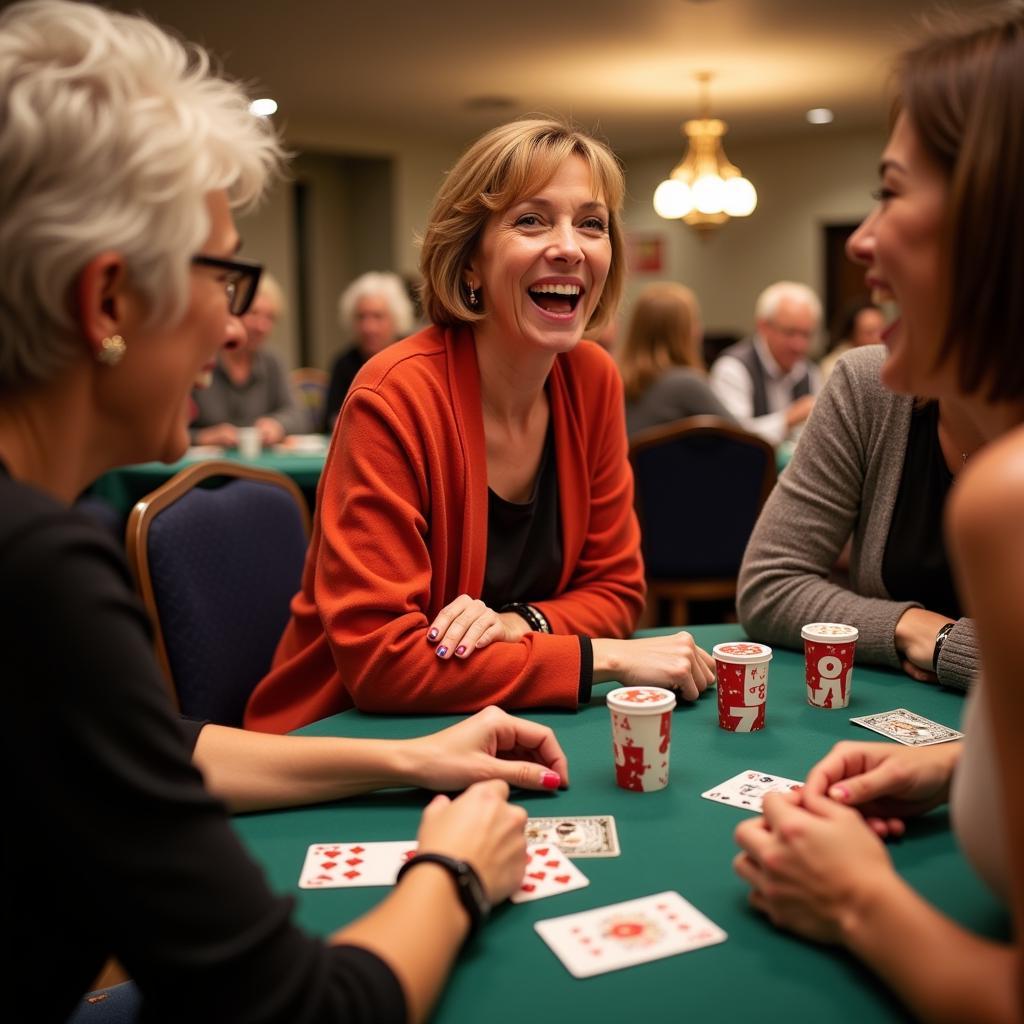 Women laughing while playing cards at a ladies night gathering