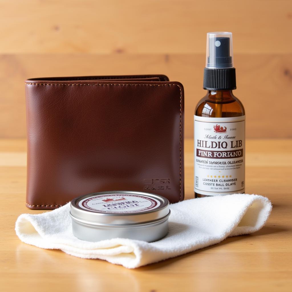 Essential leather care kit for maintaining a baseball wallet, including cleaner, conditioner, and soft cloth.