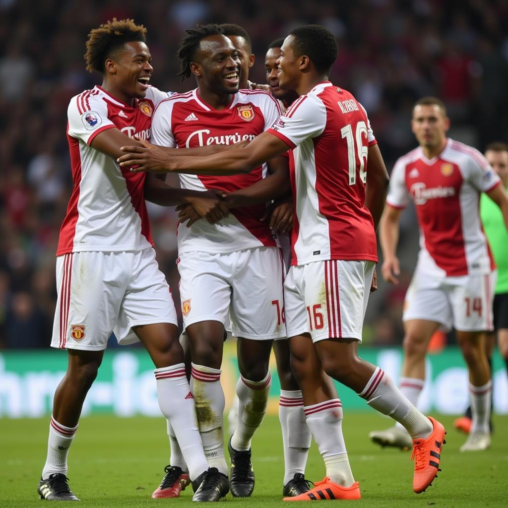 Lorenzo Amos celebrating a goal with teammates