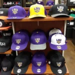 LSU Baseball On-Field Hats on Display at a Retail Store