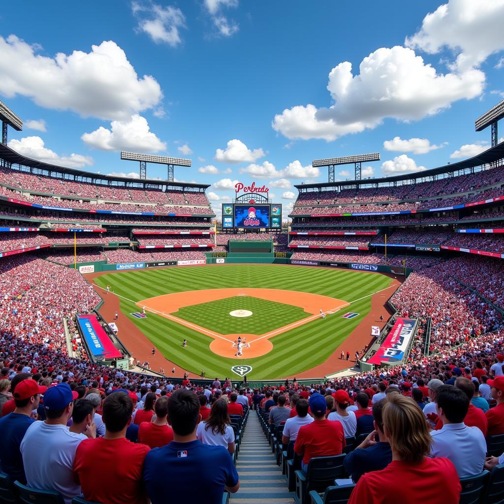 A packed MLB stadium with cheering fans