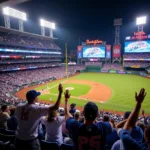 Mets and Yankees fans cheering during a Subway Series game