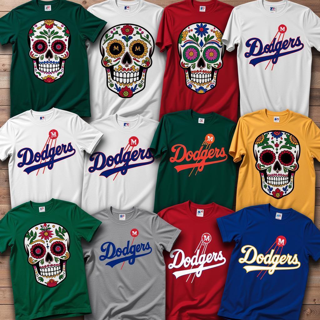 Different designs of Mexican Dodgers shirts showcasing various styles and cultural elements.