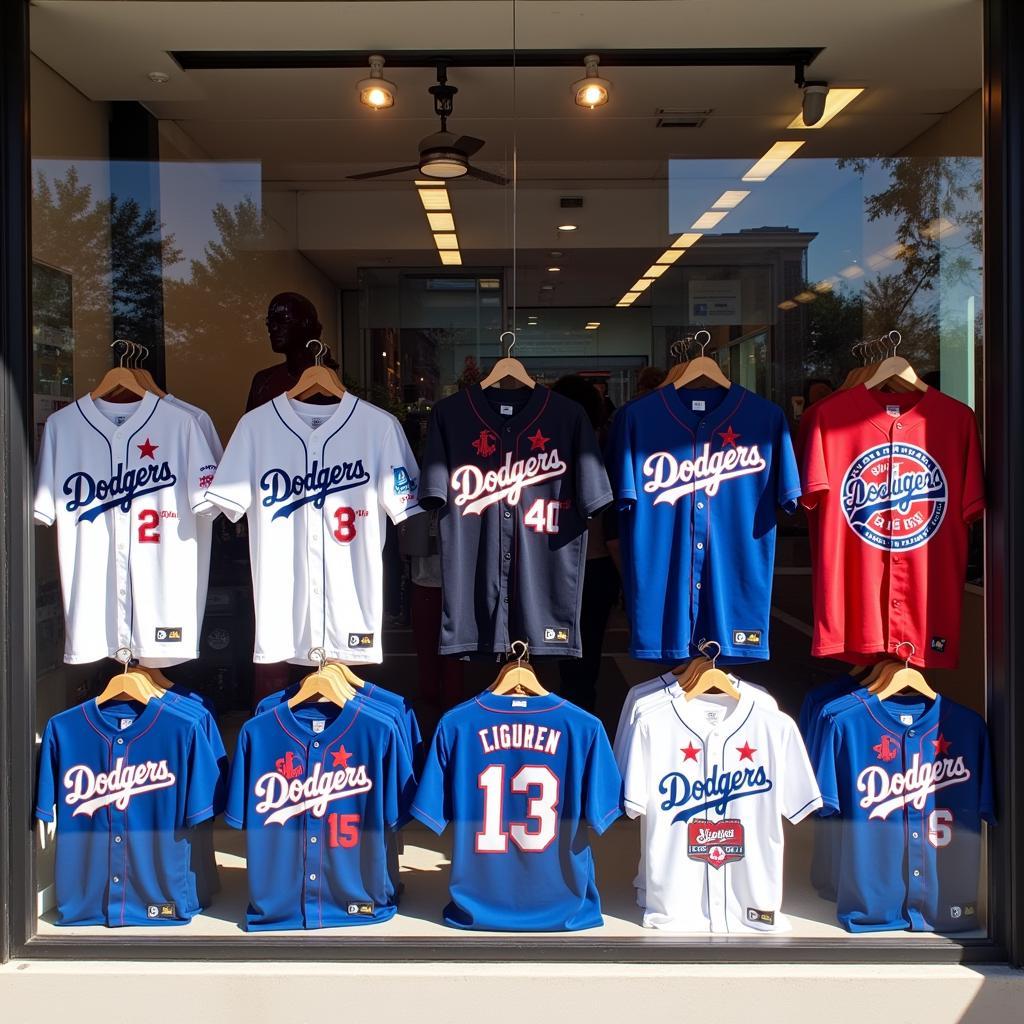 A Mexican Dodgers shirt displayed prominently in a shop window.