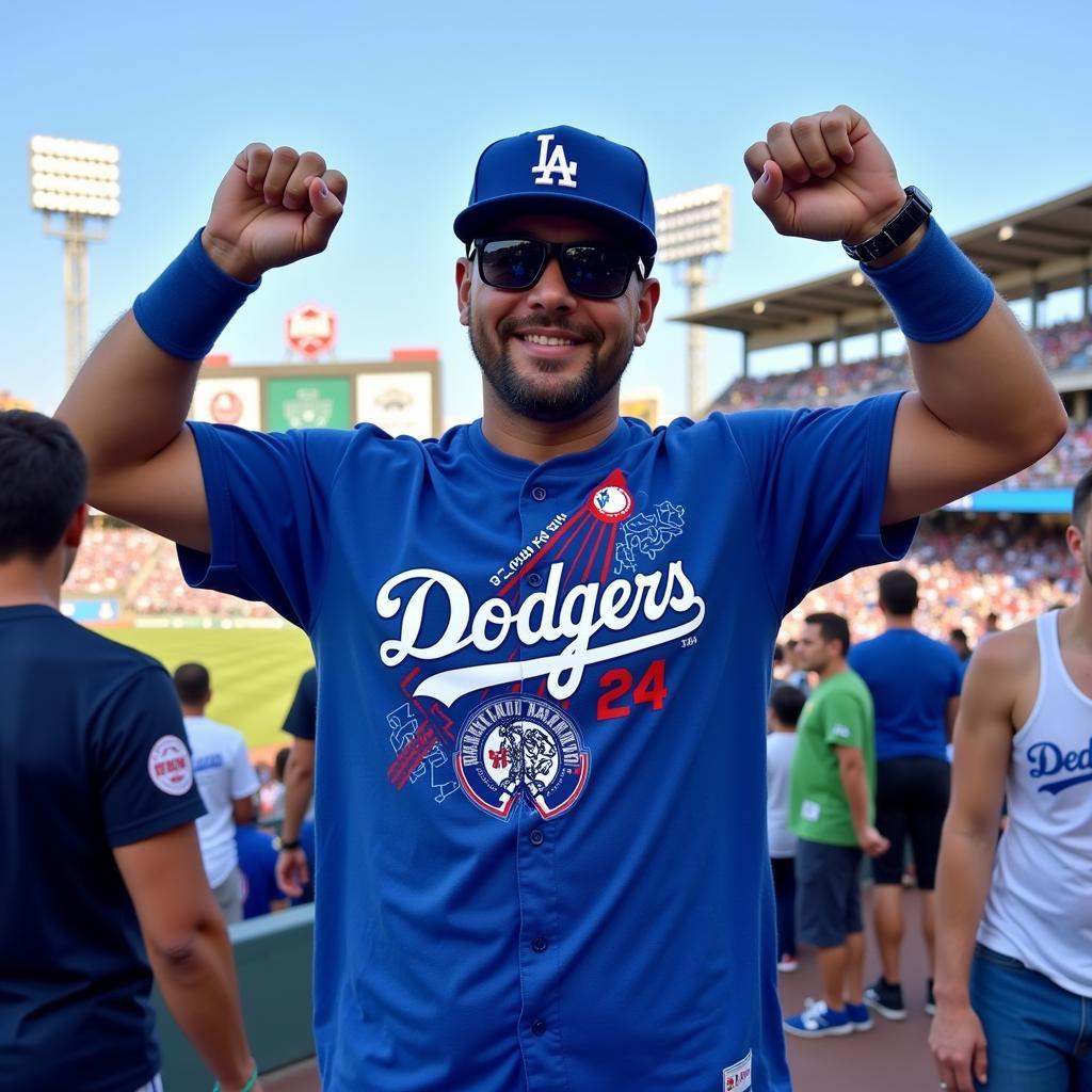 A fan wearing a Mexican Dodgers shirt at Dodger Stadium