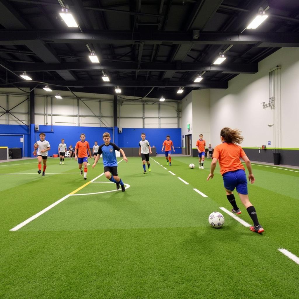 Milwaukee Yard Soccer Field - Action shot of a youth soccer game taking place on the vibrant green turf field at Milwaukee Yard, with players competing for the ball.