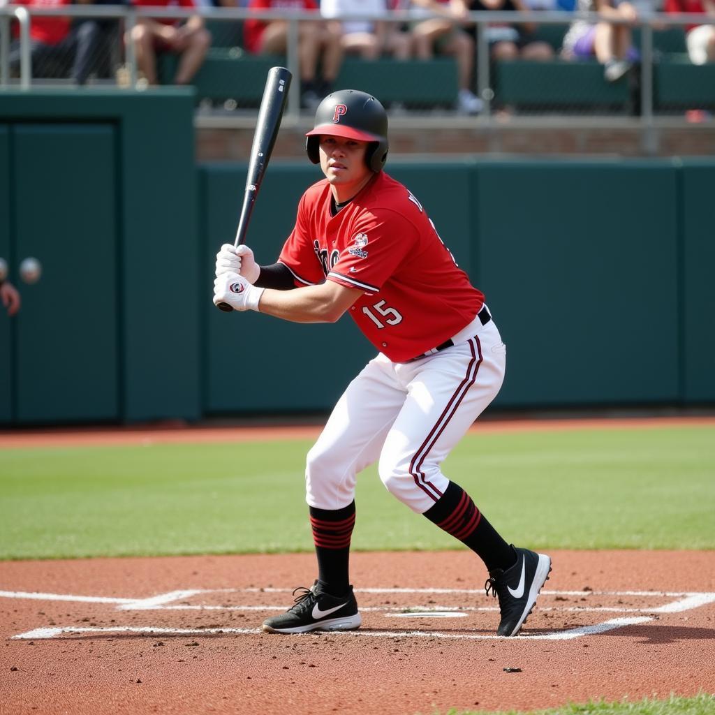 A minor league baseball player at bat, preparing to swing.