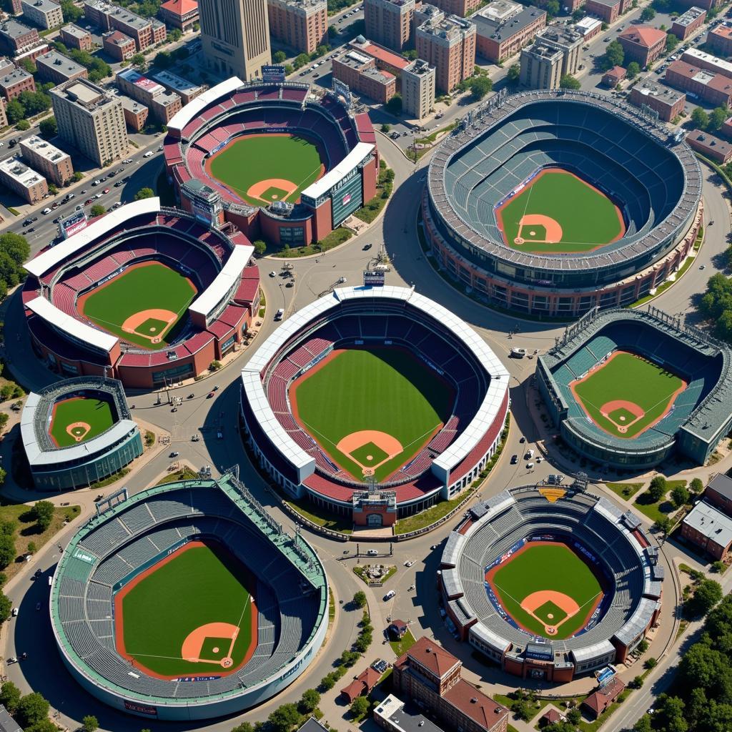 Aerial view of diverse MLB ballparks showcasing their unique architectural styles and locations.