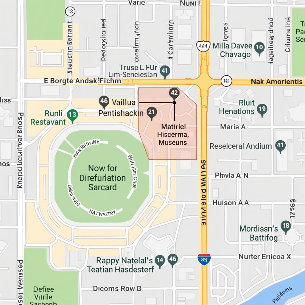 MLB Stadium with Surrounding Attractions Marked on a Map