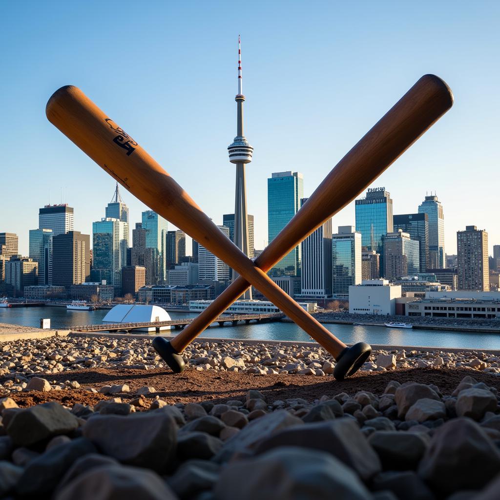 Montreal skyline with a superimposed baseball bat