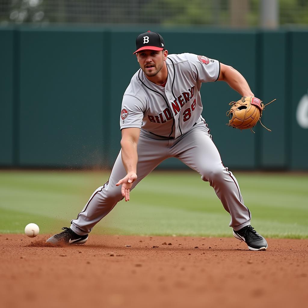 A baseball player showcasing agility and strength while fielding