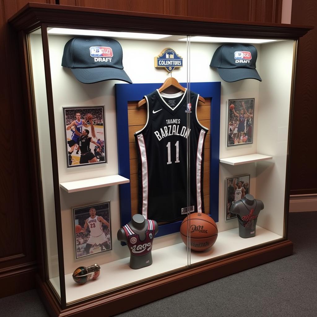 Display case showcasing various NBA draft memorabilia