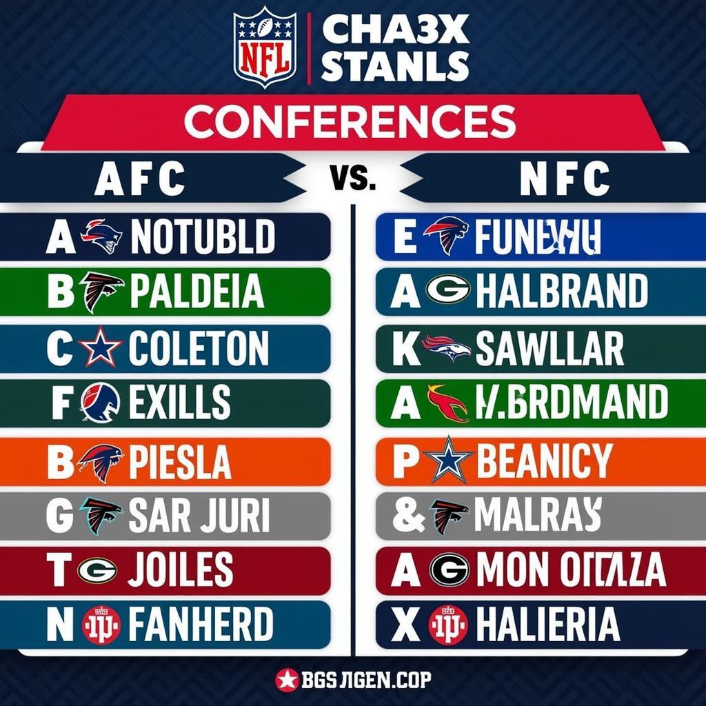 A detailed breakdown of NFL teams sorted alphabetically, categorized by AFC and NFC.