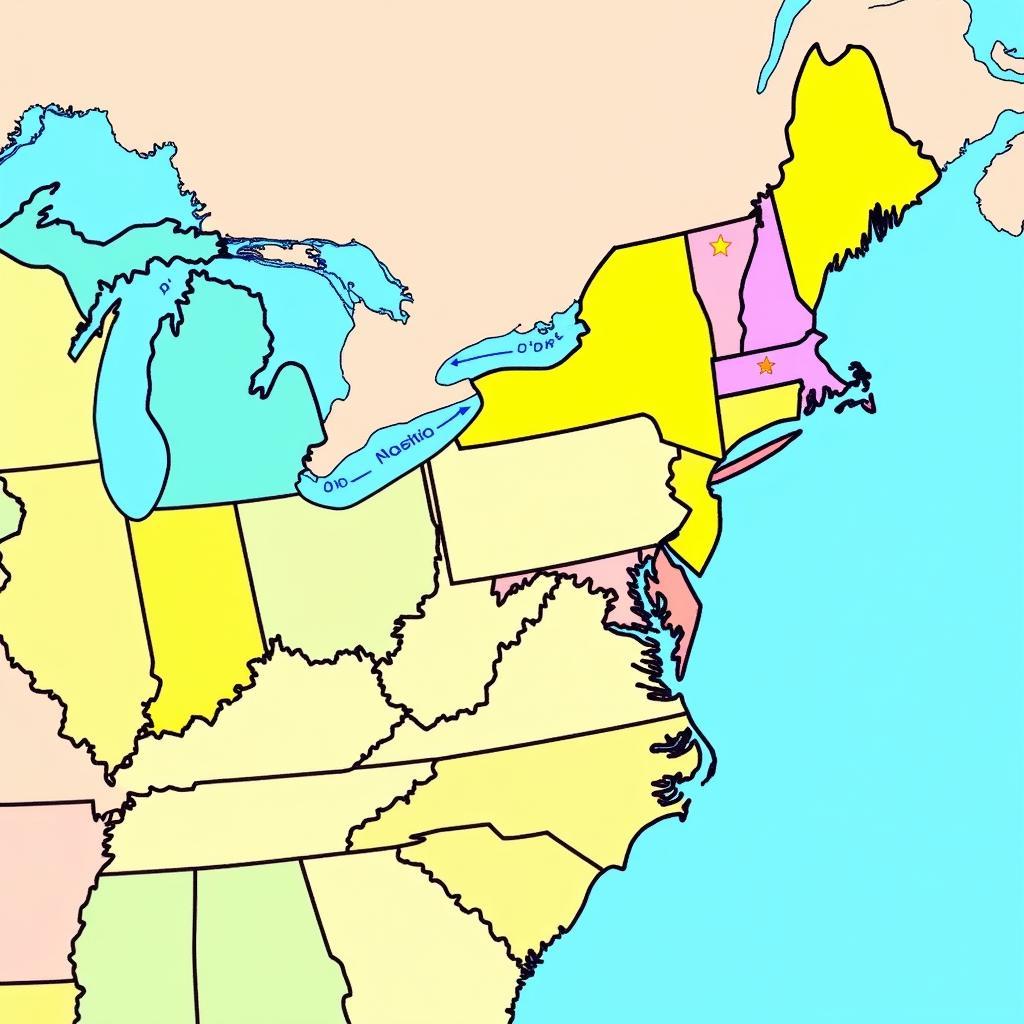 Northeast US Map Quiz with State Boundaries and Capitals Marked