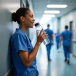 Nurse Hydrating with a Water Bottle in a Busy Hospital Setting