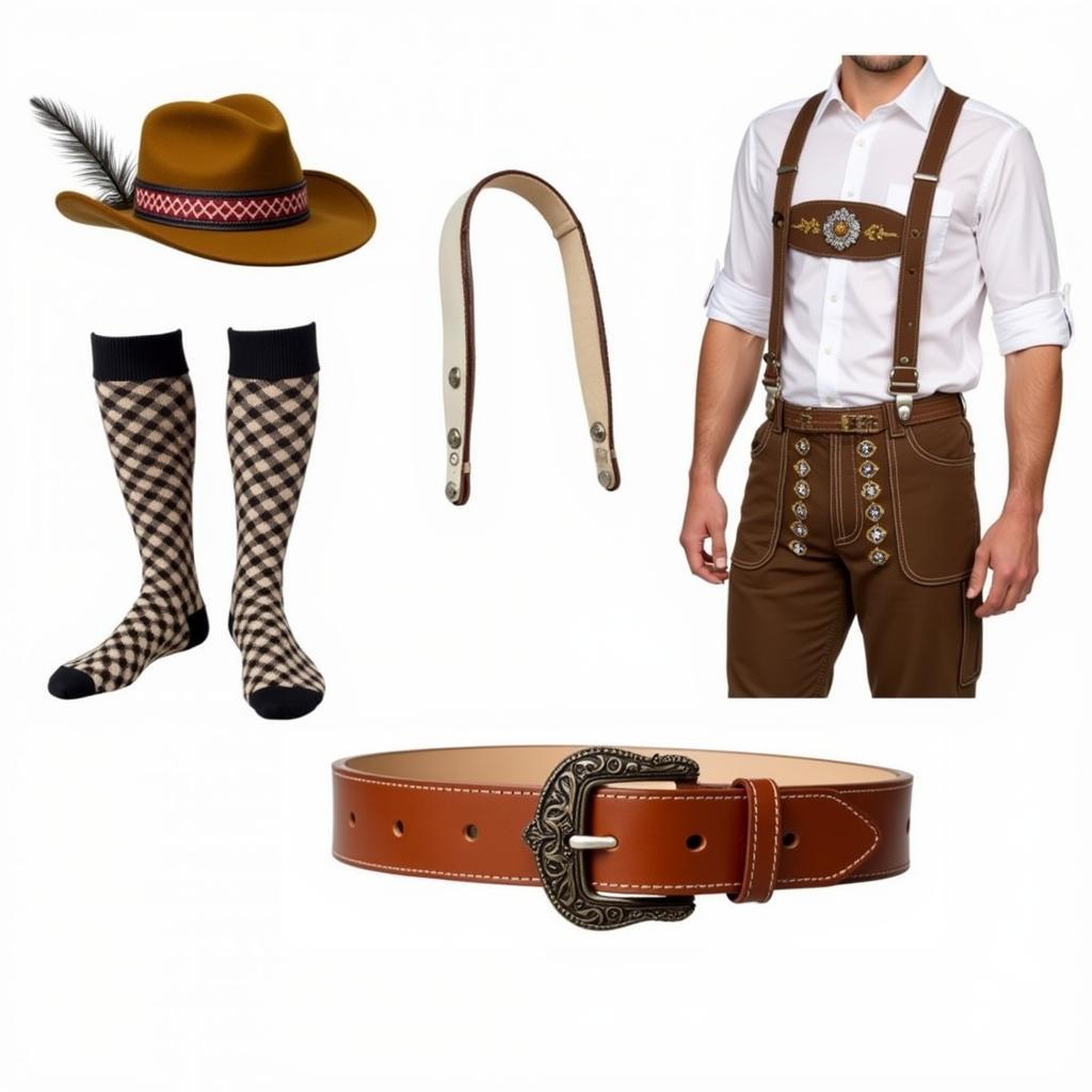 Oktoberfest accessories for men: Traditional hat, knee-high socks, and leather belt.