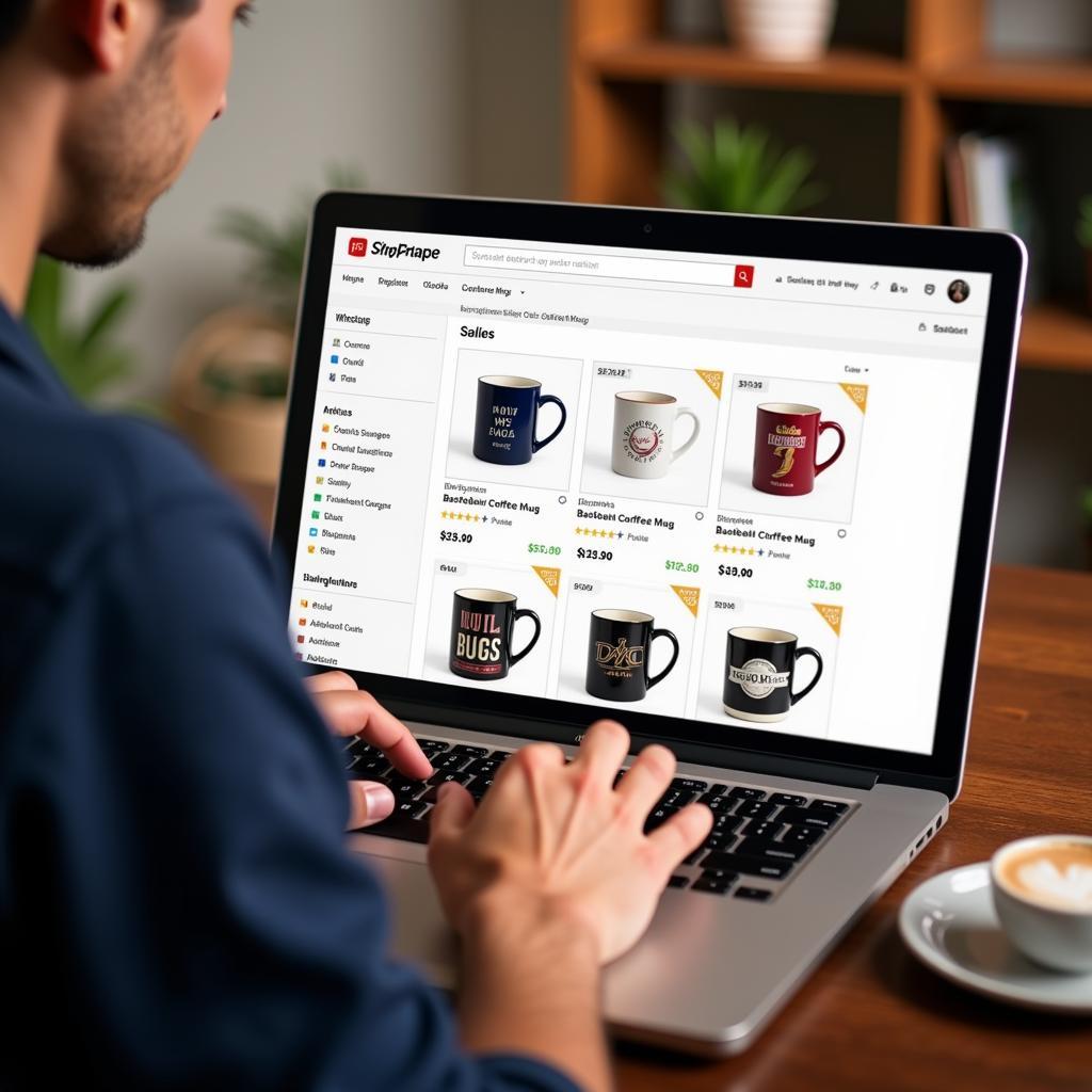 Someone shopping online for baseball coffee cups on a laptop