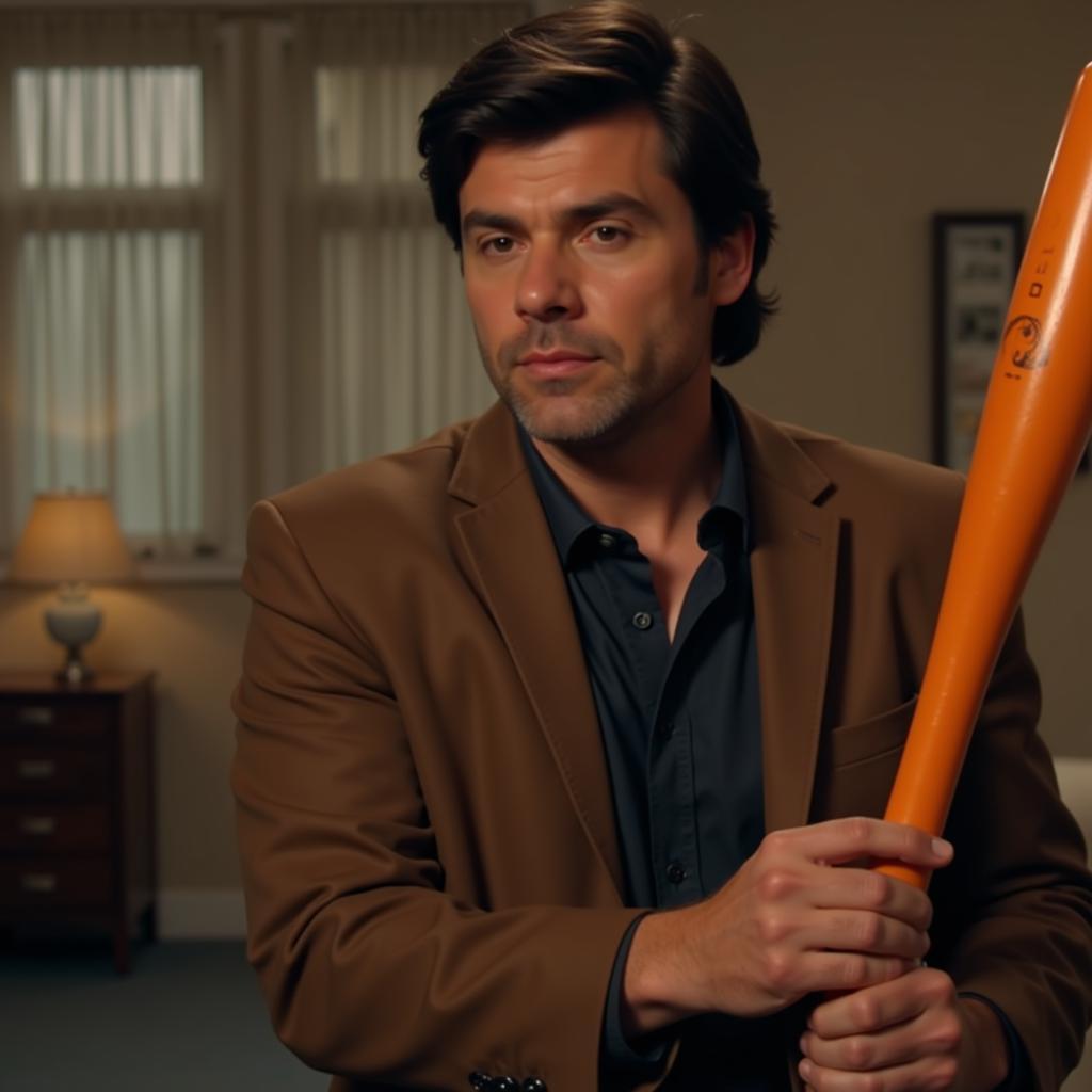 Orange baseball bat featured prominently in a movie scene.