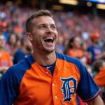 Orange and Blue Baseball Jersey Worn by a Fan