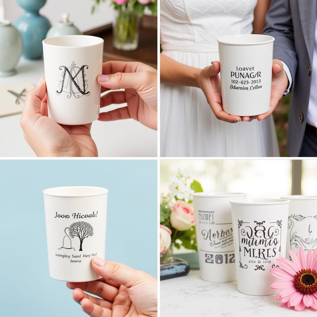 Close-up of personalized wedding cups with monograms and a wedding date.