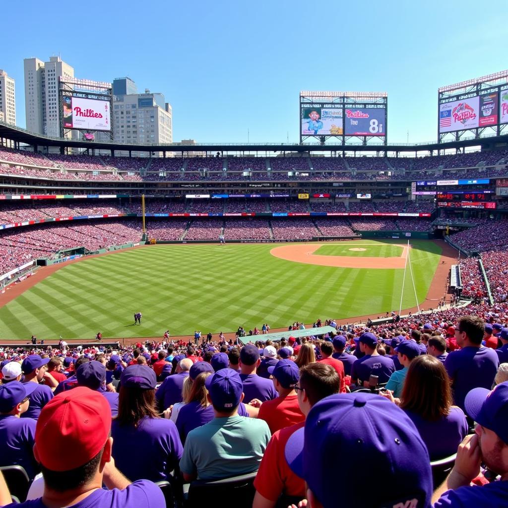 Fans wearing Phillies purple hats at Citizens Bank Park