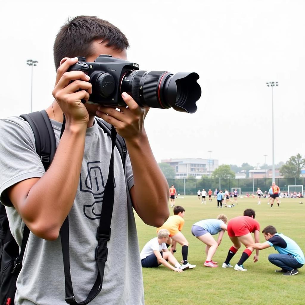 Photographer capturing a sporting event with a lens cap leash attached to their camera