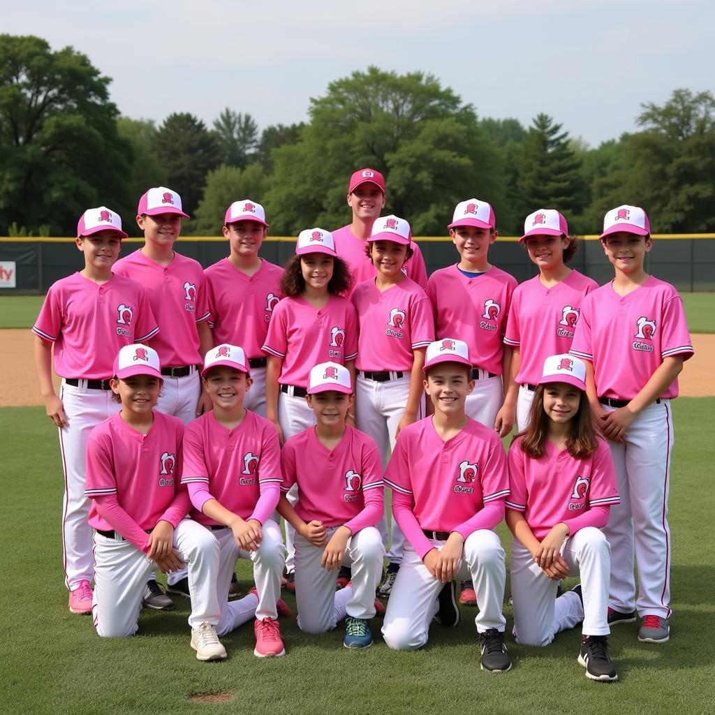 Youth baseball team wearing pink arm sleeves