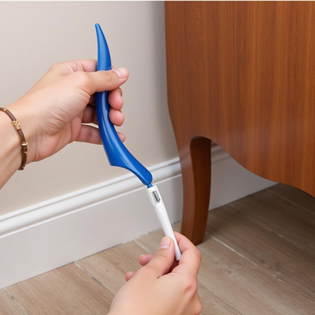 Using a plastic shoe horn to reach an object in a tight space