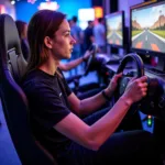 Fan trying out a racing simulator at the Racing Fan Fest