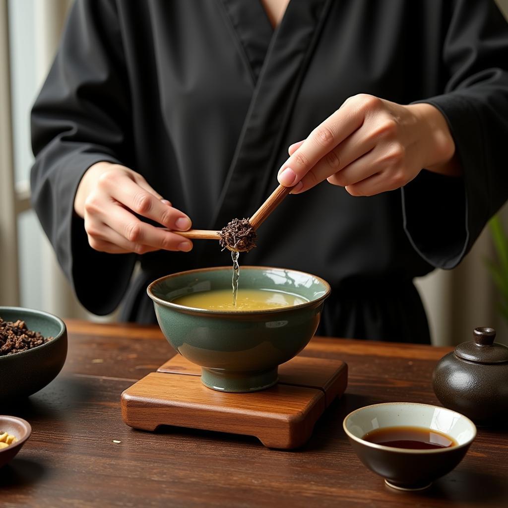 The Experience of Rare Tea: An image depicting the serene setting of a tea ceremony, highlighting the ritualistic preparation and enjoyment of rare tea.