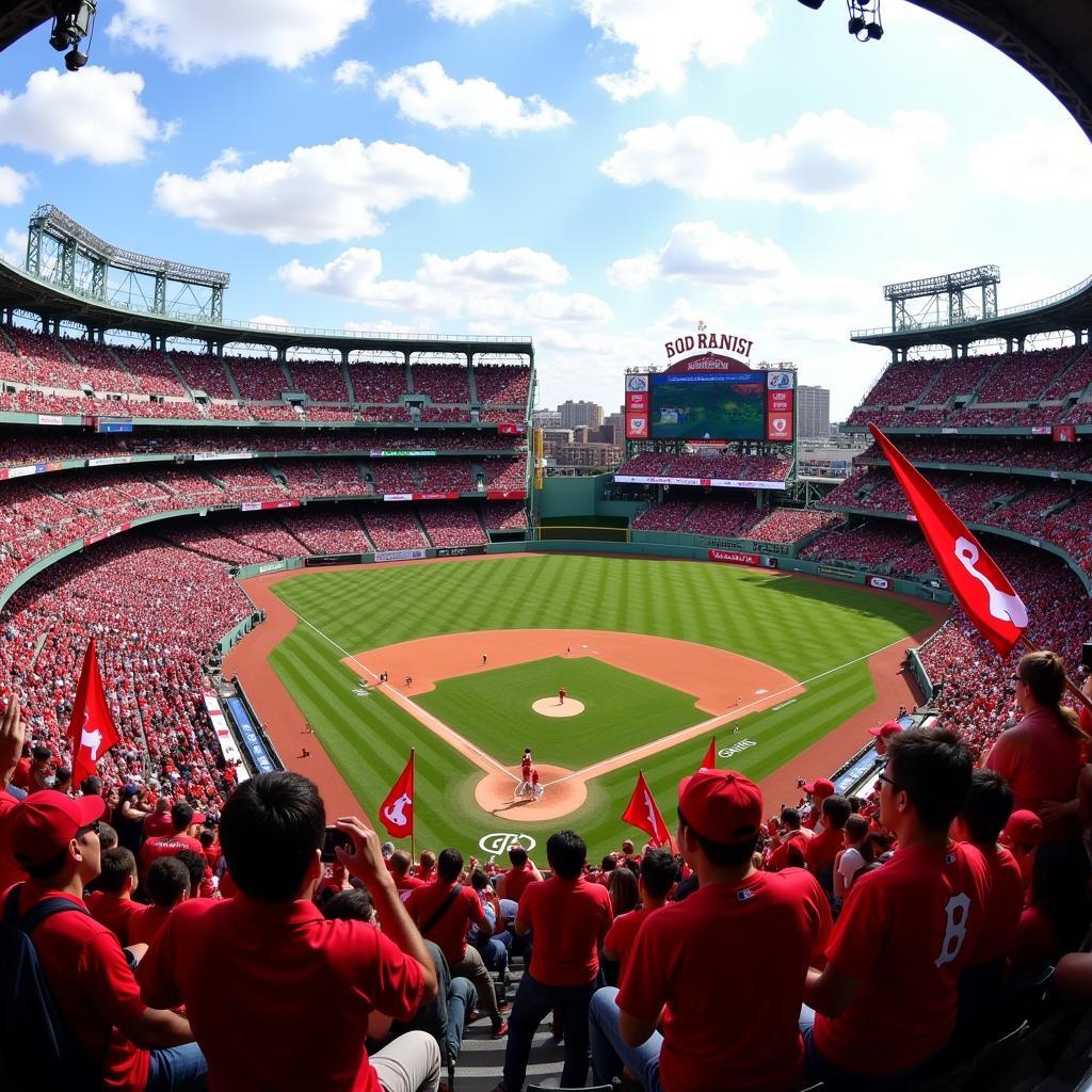 Red Sox Fans with Flags at Fenway Park