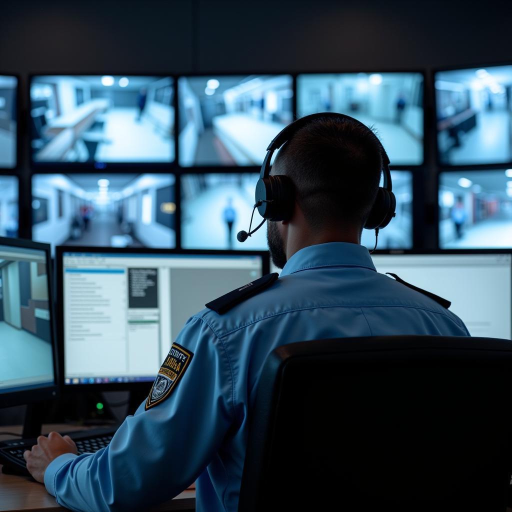 Security guard monitoring CCTV cameras in a control room