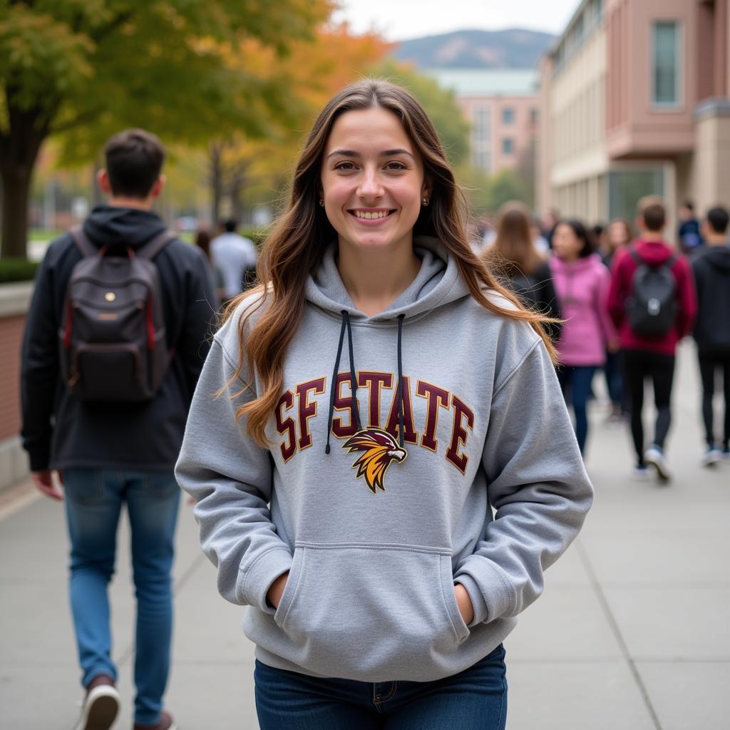 SF State Student Wearing Hoodie on Campus